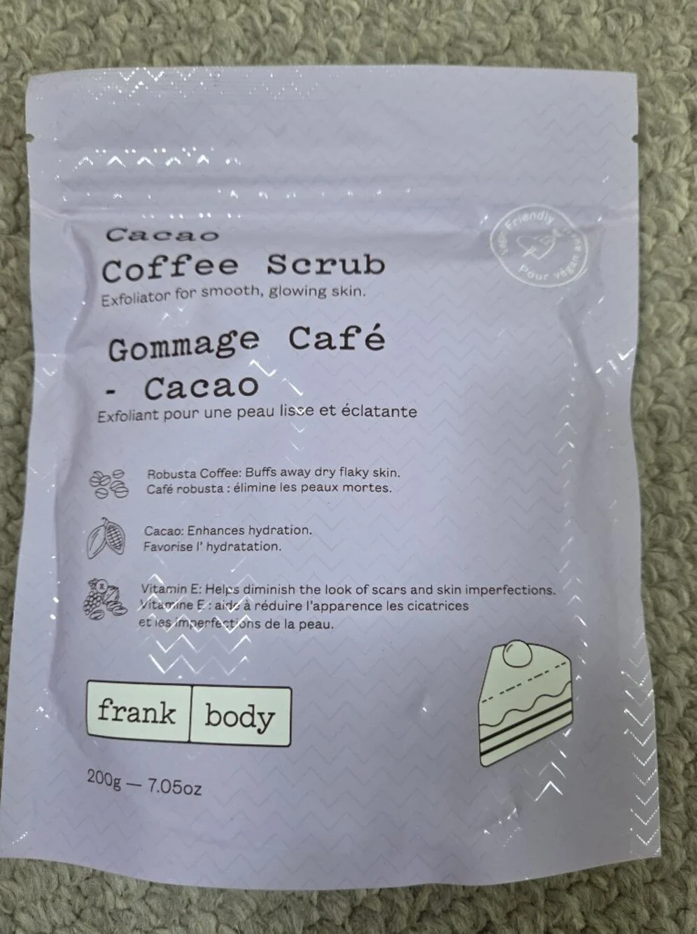 Frank Body Cacao Coffee Scrub - Light Lavender Packaging